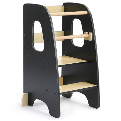 Growaystory Lernturm für Kinder, Lernturm Höhenverstellbar, Montessori Küchenhelfer und Learning Tower, Stylisch Kippschutz Höchste Sicherheit (Schwarz)