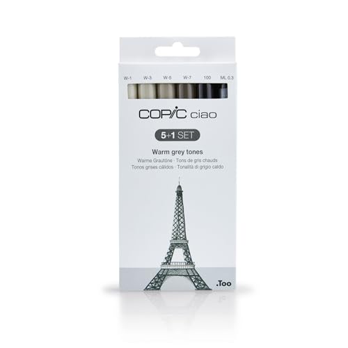 COPIC Ciao Marker 5+1 Set 'Warme Grautöne', 5 Allround-Layoutmarker mit einer mittelbreiten und einer Brush-Spitze, inkl. 1 Multiliner 0,3 mm