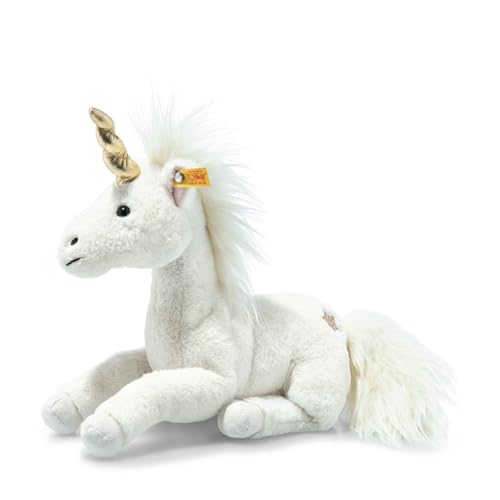 Steiff Unica Schlenker Einhorn weiß liegend 27 cm, Soft Cuddly Friends, Kuscheltier Einhorn, Plüschtier mit Granulatsäckchen in Hufen und Bauch für EIN tolles Fühlerlebnis, Plüsch Stofftier