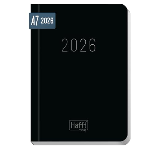 Häfft® Taschenkalender 2026 klein A7 'Black Edition' Wochenkalender mit Feiertagen DE/AT, Monats- & Ferienübersicht, To-do & Notizseiten, 128 Seiten
