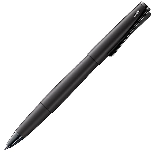 Lamy studio lx-all-black Tintenroller – universeller Stift in elegantem Gehäuse aus Ganzmetall – mit propellerförmigem Clip & in Strichbreite M – mit Tintenrollermine M 63 in schwarz