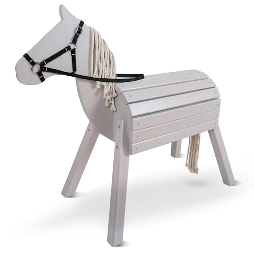 Pink Papaya Holzpferd für draußen, Reitpferd aus Holz für Kinder, Spielpferd XXL für den Garten, Outdoor Pferd mit Mähne und Schweif