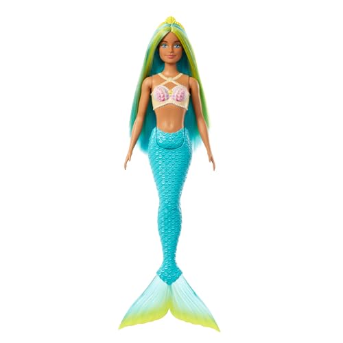 Barbie Meerjungfrau-Puppe mit fantasievollem zweifarbigem Haar in Blau und Gelb, Haarband, Puppe mit Muscheloberteil und türkisfarbener Schwanzflosse, HRR03