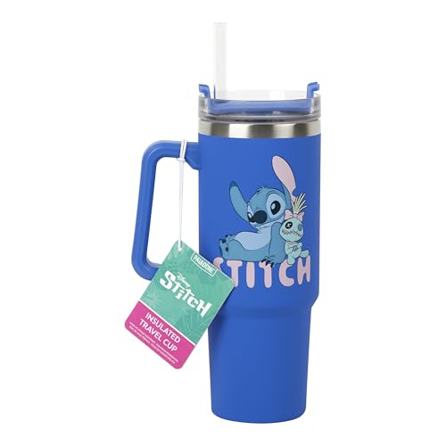 Paladone Disney Stitch-Thermobecher mit Strohhalm, 900 ml, blau, offiziell lizenzierter Becher mit Griff für Eistee oder Kaffee, Popkulturartikel für Fans