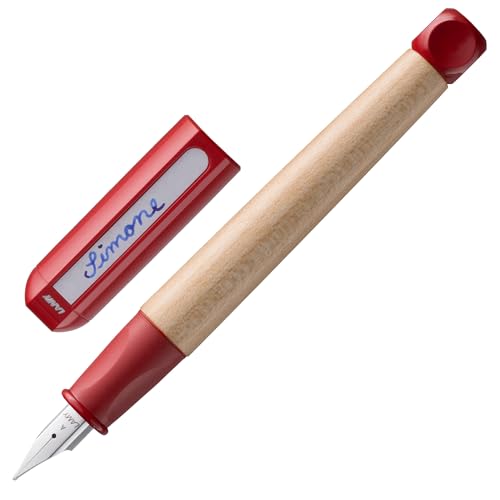 Lamy abc red Füller - kindergerechter Schreiblernfüller mit ergonomischem Griff & polierter Stahlfeder in Strichbreite A - robustes Ahorngehäuse - inkl. Tintenpatrone T 10 blau - Rechtshänder