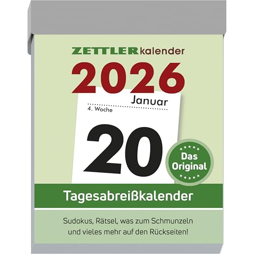 Zettler Tagesabreißkalender M 2026 – Abreißkalender 5 × 7 cm, 1 Tag pro Seite mit Sudoku, Sprüchen, Rätseln & Rezepten auf den Rückseiten, FSC-zertifiziert