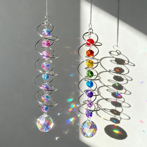 Tarqite 2 Stück Sonnenfänger Windspiel, Bunt Kristall Windspiele Hängend mit Doppelspirale, Dekorative 360°Drehung Sonnenfänger mit 2-und Regenbogenfarben für Fenster Haus Garten Party