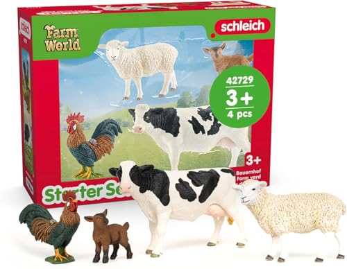 schleich FARM WORLD | Bauernhof Starterset 42729 | Spielset mit Ziege, Kuh, Schaf & Hahn | detailgetreue Tierfiguren & Sammelfiguren | Bauernhof Spielzeug ab 3 Jahren | schleich Tiere Set aus 4 Teilen