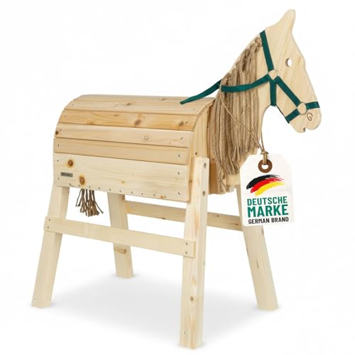 VOSS.garden Holzpferd für Kinder aus Kiefernholz, Spielpferd belastbar bis 100kg mit Jutemähne und Zaumzeug, Gartenpferd