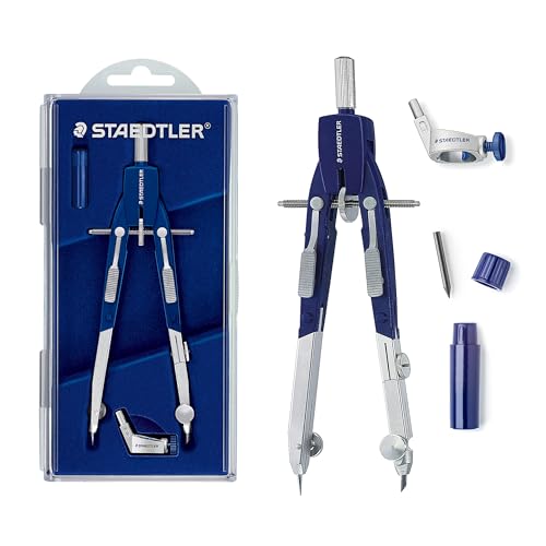 STAEDTLER Mars Comfort 552 01 Zirkel, Schnellverstellzirkel, auswechselbare Nadel, Schenkel abknickbar, Durchmesser Zeichenkreis: 350 mm, Länge: 170 mm, Farbe: blau, silber, Klappdeckeletui