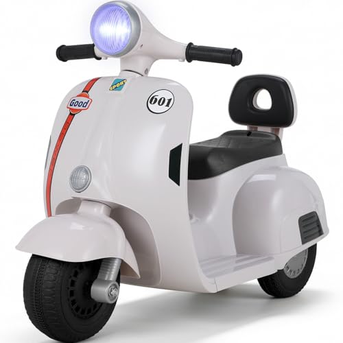 MAMIZO 6V Elektro Motorrad Kinder, Dreirad Kindermotorrad mit Scheinwerfer, USB, Pedal, Elektro-Dreirad für Kinder mit Vor- und Rückwärtsgang, 72 x 56 x 37 cm, 2KM/H, Max 20kg, für 3-6 Jahre, Weiß