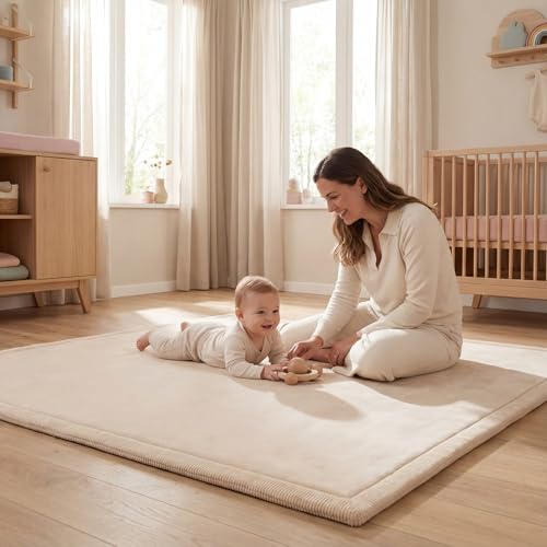 Sanosoft® Krabbelteppich für Babys – Samtweiche & Kuschelige Spielmatte – rutschfest, Schadstoffgeprüft & Öko-Tex zertifizierte Krabbelmatte (Sand/Beige, 100x150cm)