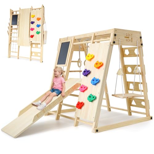 SOFTHOM Maxi Indoor Klettergerüst, Klappbar Multifunktional 10 in 1 Indoor Spielplatz, Montessori Klettergerüst Indoor für Kinder mit Tafel, Rutsche, Schaukel, Kletternetz, Robust Sicher, 100% Natur