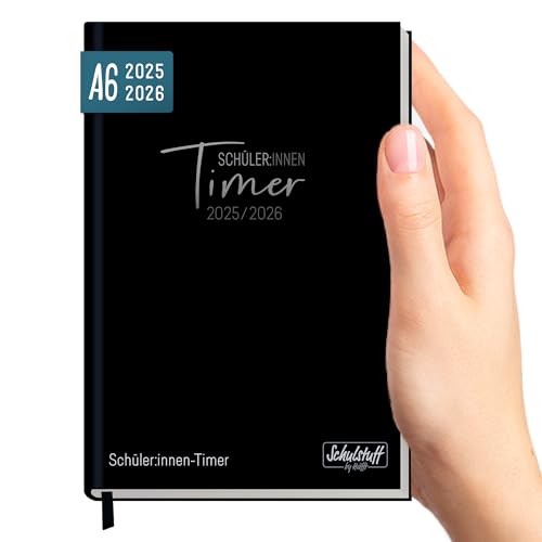 Schulstuff Schüler-Timer A6 2025/2026 Mini Schülerkalender Laufzeit Aug 2025 - Juli 2026, Schülerplaner (11 x 15 cm), Hausaufgabenheft 'Black Edition' - nachhaltig & klimafreundlich
