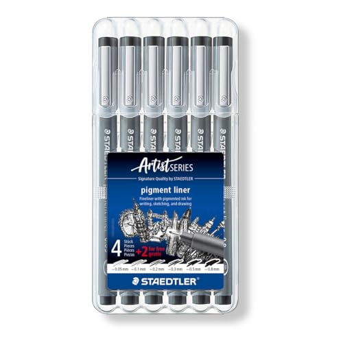 STAEDTLER Fineliner pigment liner, schwarz, Set mit 6 Linienbreiten, Promotion 4 + 2 gratis, hohe Qualität Made in Germany, Pigmenttinte, dokumentenecht, lichtbeständig, 308 SB6P