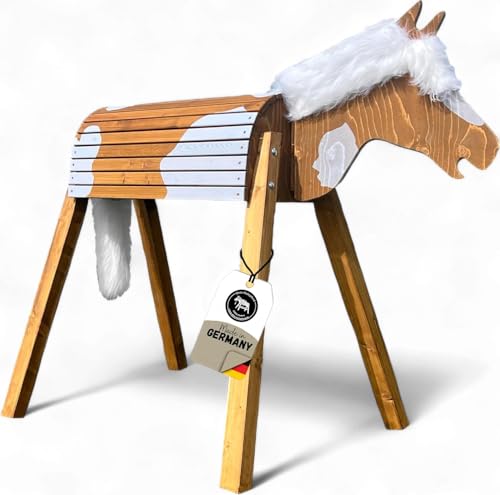 Holzpferd Tobiano 100cm für draußen Reitpferd Garten Voltigierbock für Kinder, Stehpferd groß, Gartenpferd handgefertigt aus Deutschland, Voltigierpferd Holzpony mit Mähne