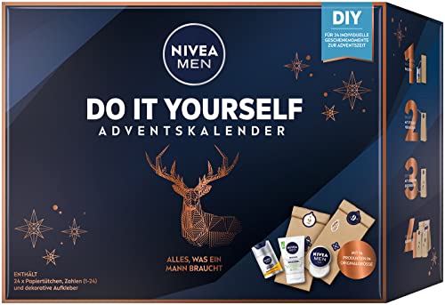 NIVEA MEN DIY Adventskalender 2023 für 24 einzigartige Verwöhnmomente, Weihnachtskalender mit ausgewählten Pflegeprodukten & Accessoires, Pflegeset für die Adventszeit