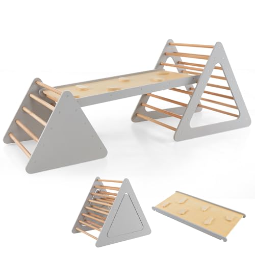 DREAMADE 3 in 1 Kletterdreieck mit Rampe & Leiter, Holzdreieck Sprossendreieck Klettergerät, Kletterspielzeug aus Holz, klappbar Indoor Klettergerüst für Kinder ab 3 Jahre (Grau)