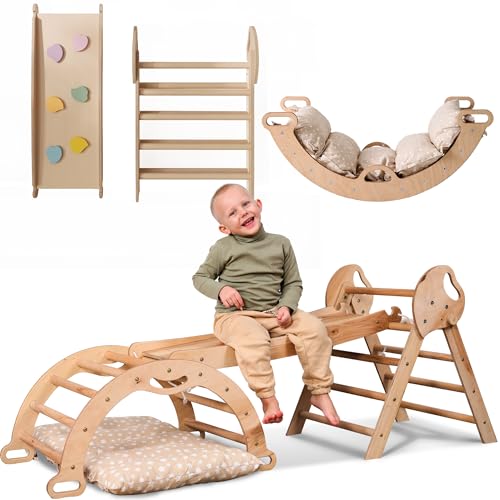 Goodevas 5-in-1 Montessori Klettergerüst Set: Indoor Kletterdreieck, Kletterbogen mit Kissen, und Rutsche für Kinder, Indoor Spielplatz 1-3 Jahre