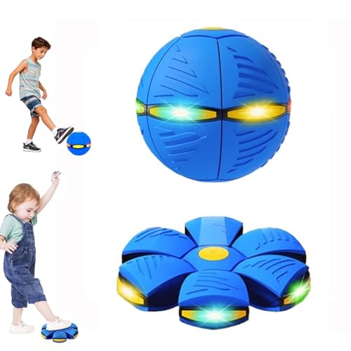 Flanliy Magischer Hüpfball Kinder, Fliegende Untertasse Spielzeugball mit 2 Frei Wechselbaren Formen und 6 Lichtern, Transformierbar Hüpfball geeignet für Eltern-Kind-Interaktion (Blau)