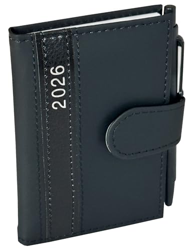 Taschenkalender 2026 A7 mit Kugelschreiber und Halterung in feiner Lederoptik, Terminplaner 2026 mit Stift Timer inkl. Jahreskalender und Wochenübersicht (Schwarz)