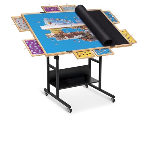 Sancallie 2000 Stück 2-in-1 Neigbarer & Drehbarer Puzzletisch mit 8 Schubladen, Faltbares Puzzlebrett mit Abdeckung, Höhenverstellbare Tische mit Beinen für Erwachsene, mit 4 Rollen & Ablageregal