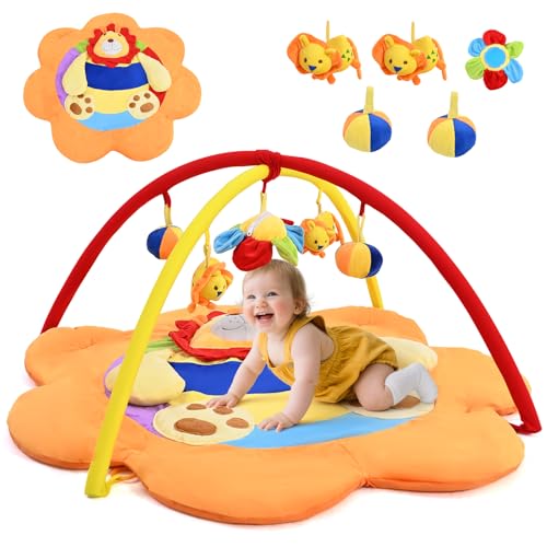 Yigowyigo Spielbogen Baby mit Musik, 95x95cm Krabbelmatte Baby mit 5 Abnehmbare Spielzeug, Geburtsgeschenke für Neugeborene 0-18 Monate