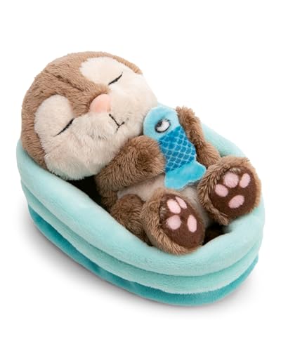 NICI Kuscheltier Otter mit Fisch 12cm schlafend im Körbchen - grau - Stofftier aus weichem Plüsch, niedliches Plüschtier zum Kuscheln und Spielen, für Kinder & Erwachsene - 61582
