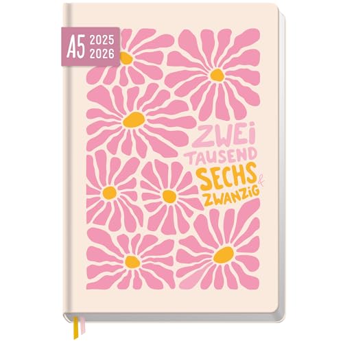 Häfft-Timer 2025/2026 A5 (Aug 25 - Sep 26) Hardcover Schülerkalender 'Pink Flowers' Schulplaner, Schülerplaner, Studienplaner, Semesterplaner - nachhaltig & klimafreundlich