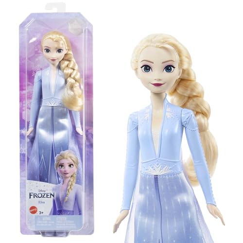 Mattel Disney Prinzessin Elsa Puppe, Die Eiskönigin Puppe im Reiseoutfit, kämmbare blonde Haare, beweglich, ausziehbarer Rock und Stiefel, Disney Geschenke, Spielzeug ab 3 Jahre, HLW48