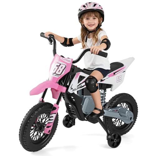 GOPLUS Kinder Motorrad 12V, Kindermotorrad elektrisch mit 2 Stützrädern abnehmbar, Elektromotorrad mit Fußpedalen, Musik & Bluetooth, Motorrad Eletro 3-5 km/h für Kinder 3-8 Jahren (Rosa)