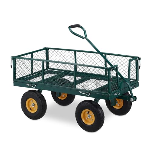 Handwagen Garten mit 4 Luftreifen, Schwerlast Transportwagen aus Stahl bis 250 kg, Bollerwagen mit Klappbaren Seitenteilen, Plattformwagen für Garten, Einkauf, Festival & Outdoor