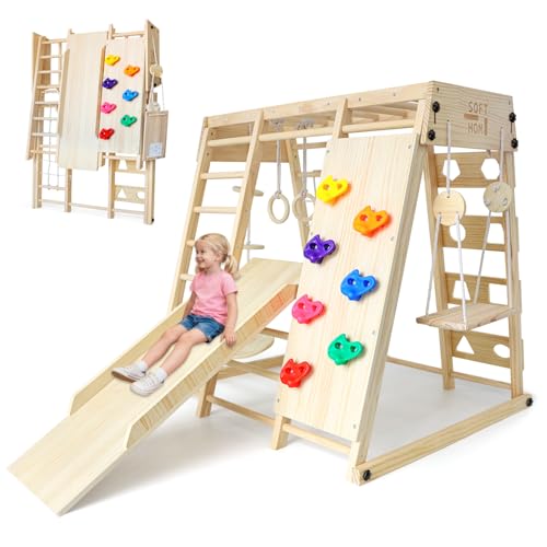 SOFTHOM Maxi Indoor Klettergerüst, Klappbares Montessori Klettergerüst Indoor für Kinde, 10 in 1 Indoor Spielplatz aus Holz mit Rutsche, Schaukel, Kletterwand, Äußerst Stabil und Sicher, 100% Natur
