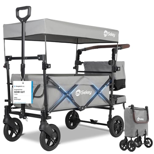Sekey Bollerwagen Faltbar mit Dach 2 Kinder 100KG, Faltbarer Bollerwagen Handwagen Schiebegriff, Kinderwagen Stoßfest PU-Räder mit Bremsen 110L, SS5050, Grau