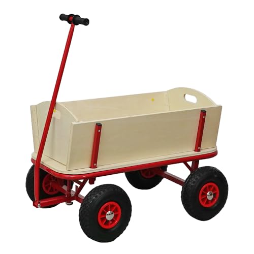 PROREGAL Profi Bollerwagen Bolly HxBxT 97x90x60cm, Traglast 150kg, Luftbereifung, Rot, Handwagen Holzbollerwagen Transportwagen