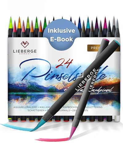 LIEBERGE Pinselstifte Premium-Set - 24 Aquarellfarben + 2 Wassertankpinsel - Brush Pen mit flexibler Pinselspitze für Aquarell, Hand Lettering, Bullet Journal, Kalligraphie