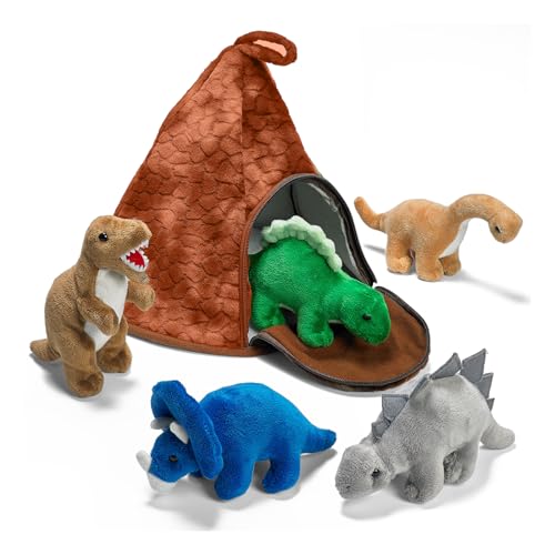 Prextex Dinosaurier Spielhaus Set mit 5 Hochwertigen Plüsch Dinosauriern – Weiches Kuscheltier Dino Set für Kinder, Lern- & Spielspaß, Dino-Fans