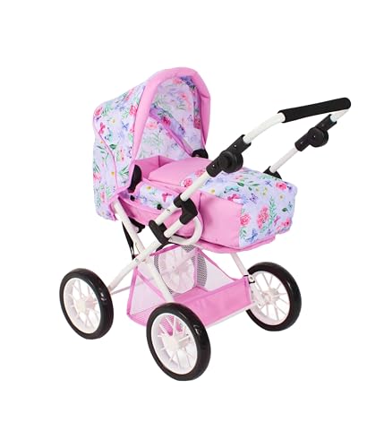 Bayer Chic 2000® 3in1 Kombi Puppenwagen Leni - Flowers Rosa - faltbar, höhenverstellbarer Griff 43-67 cm, Tragetasche – Puppen bis 46 cm, ab 3 J.