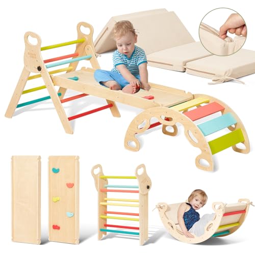Giant bean 5-in-1 Montessori Kletterdreieck mit Kletterbogen und Rutsche, Holzdreieck für Kleinkinder ab 1-3, Indoor Kletterspielzeug, Regenbogen mit Kissen