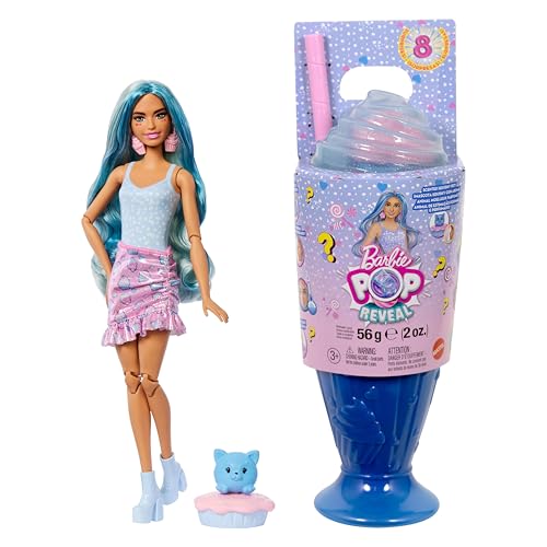 Barbie Pop Reveal Serie Set aus Modepuppe und Zubehör, Treat-Serie, Cool Cupcake Design mit Haustier, 8 Überraschungen inklusive Farbwechsel, JFY61