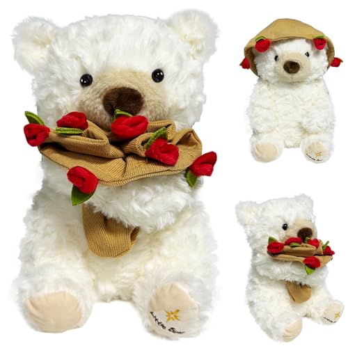 Teddy mit Rose und Hat, Teddybär, Tedd-y mit Rose, Teddybären Ros-e Stofftier Spielzeug, Ted-dy Bear Plüsch, Teddybär mit Rosenstrauß, Teddy-bär Plüschtier für Valentinstag, Geschenke für Geburtstag