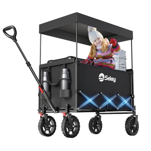 Sekey XXL Bollerwagen Faltbar Kinder 150L 150KG, Faltbarer Bollerwagen mit Dach Klappbarer Handwagen mit Sonnenschutz für Ausflug Strand Camping, S4018, Schwarz