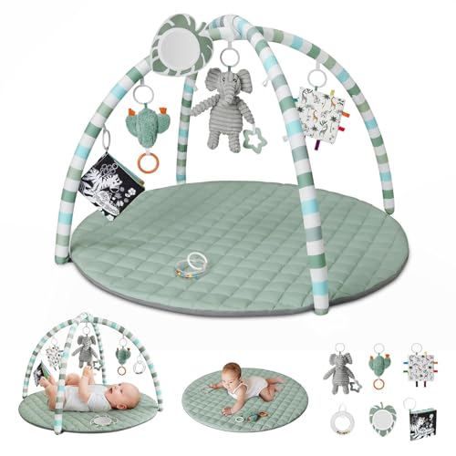 Blissful Diary Spielbogen Baby, Spieldecke Baby Gym Activity Decke mit 6 Abnehmbare Spielzeuge, krabbeldecke Einfach zu Installieren und zu Reinigen, Unverzichtbare Babygeschenke, Salbeigrün