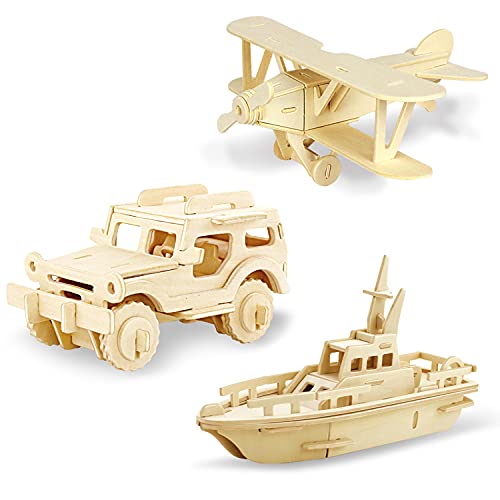 Georgie Porgy Hölzerne 3D Puzzle Sammlung Puzzle Modell Kit Baukasten Holzhandwerk Kinder Holzbausatz Pädagogisches Spielzeug DIY Geschenk Packung 3 (Doppeldecker Geländewagen Yacht)