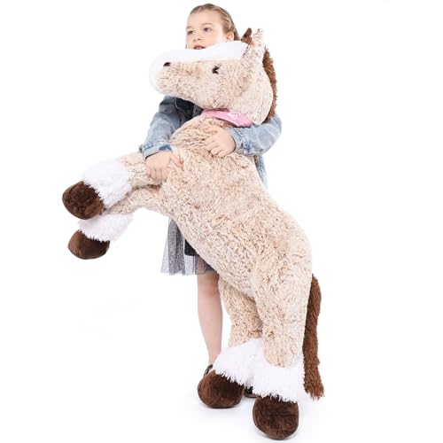 MorisMos 120cm lang riesen Pferd Kuscheltier XXL,Hellbraun groß Pony Pferd Plüschtier Stofftier,Geburtstag Weihnachten Geschenk Kinder Baby