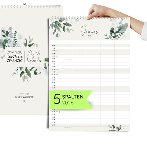heaven+paper® Familienplaner 2026 | Wandkalender 2026 A3 | Planer 2026 mit 5 Spalten | Made in Germany | Kalender 2026 Familienplaner mit 12 Seiten | Jahresplaner 2026 mit Feiertagen und Schulferien
