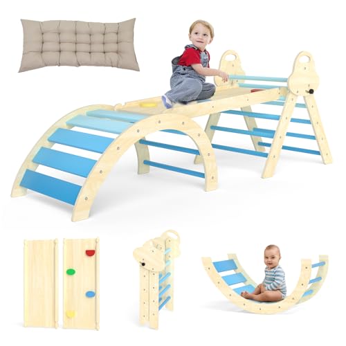 Puecrof 7-in-1 Montessori Kletterdreieck mit Kissen – Holz Kletterspielzeug für Kleinkinder 1-3 Jahre – Indoor Kletterbogen mit Rutsche, Leiter & Spielbogen (Blue)