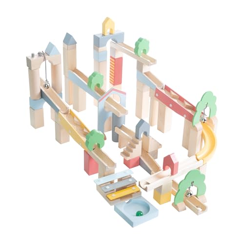 roba Kugelbahn aus Holz - 60-teilig inkl. 20-teiligem Ergänzungsset zum Landschaftsbau - Murmelbahn mit Geräuscheffekten und 11 Murmeln - Kinderspielzeug ab 3 Jahren