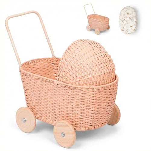GON Stroller – 3 in 1 Rattan Puppenwagen, Einkaufwagen & Lauflernwagen für Kinder | Handgeflochtener Puppen-Buggy aus Naturmaterialien mit Kissen & Matratze | Holzpuppenwagen ab 1 Jahr - Rose Pink