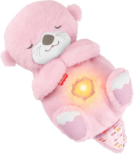 Fisher-Price Baby-Spielzeug Schlummer-Otter, tragbare pinke Plüsch-Spieluhr mit Atembewegungen und Lichtern für Neugeborene ab einem Alter von 0 Monaten, JLJ33